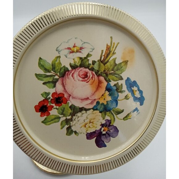 Tin Coasters Vintage Made In Denmark Round Floral Set Of 7 With Gold Trim - Picture 10 of 16